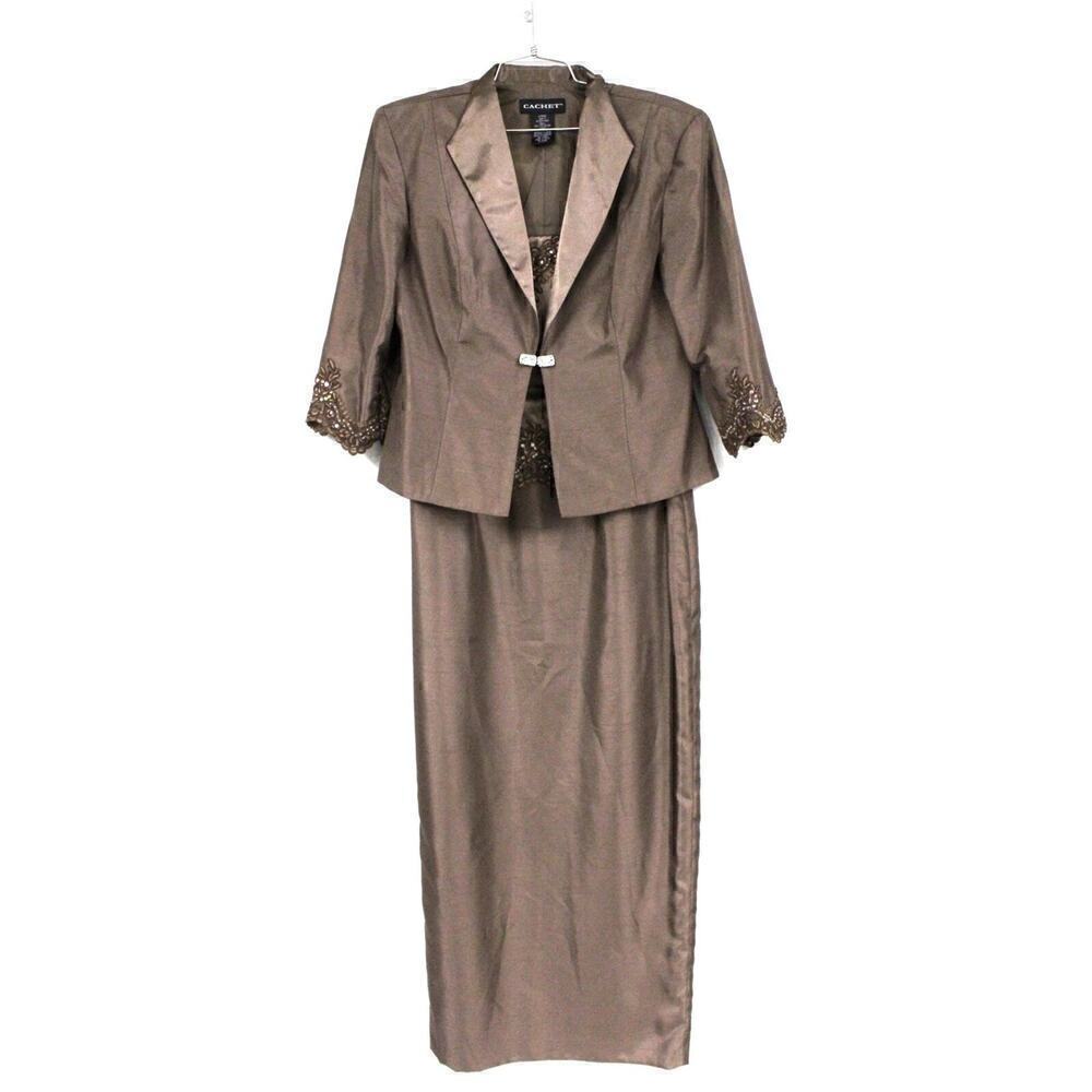 Vtg Cachet 2 Pc. Dress With Jacket Sz 10 Mob Maxi Embroidered Sequin Bronze Nwot